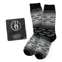 Load image into Gallery viewer, Star Wars Yoda Gray and Black Ombre Pattern Dress Socks with Jedi Crest Lapel Pin
