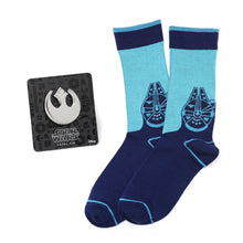 Load image into Gallery viewer, Star Wars Millennium Falcon Blue Mod Dress Socks and Rebel Crest Lapel Pin Gift Set
