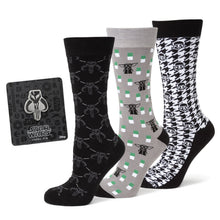 Load image into Gallery viewer, Star Wars Mandalorian Dress Socks 3-Pack and Mythosaur Lapel Pin Gift Set
