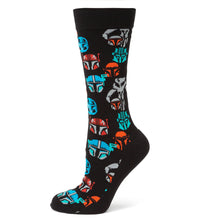Load image into Gallery viewer, Star Wars Mandalorian and Mythosaur Multicolored Navy Dress Socks and Lapel Pin Gift Set
