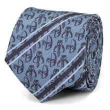 Load image into Gallery viewer, Star Wars Mandalorian and Mythosaur Blue and Navy Striped Tie

