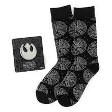Load image into Gallery viewer, Star Wars Millennium Falcon Black Dress Socks and Lapel Pin Gift Set
