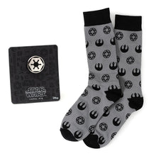 Load image into Gallery viewer, Star Wars Rebel Alliance Starbird Crest and Imperial Crest Gray Dress Socks and Lapel Pin Gift Set
