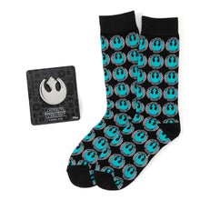 Load image into Gallery viewer, Star Wars Rebel Alliance Crest Teal and Black Dress Socks and Lapel Pin Gift Set
