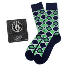 Load image into Gallery viewer, Star Wars Yoda Green and Navy Checkered Dress Socks and Jedi Crest Lapel Pin Gift Set
